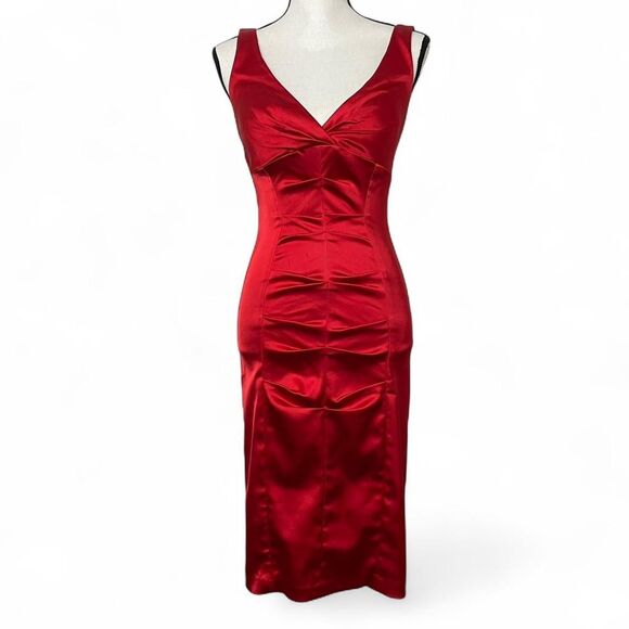 Cache Red Satin Sleeveless Bodycon Stretch Midi Party Dress Ruched Detail Size 6 - Picture 1 of 6